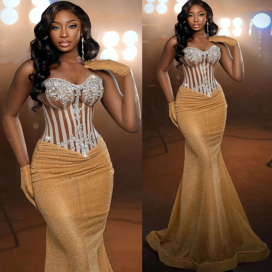 Size 2024 Plus Gold Mermaid Prom Dresses Beaded Crystals Sequined Evening Formal Party Second Reception Birthday Engagement Celebrity Gowns Dress Zj97