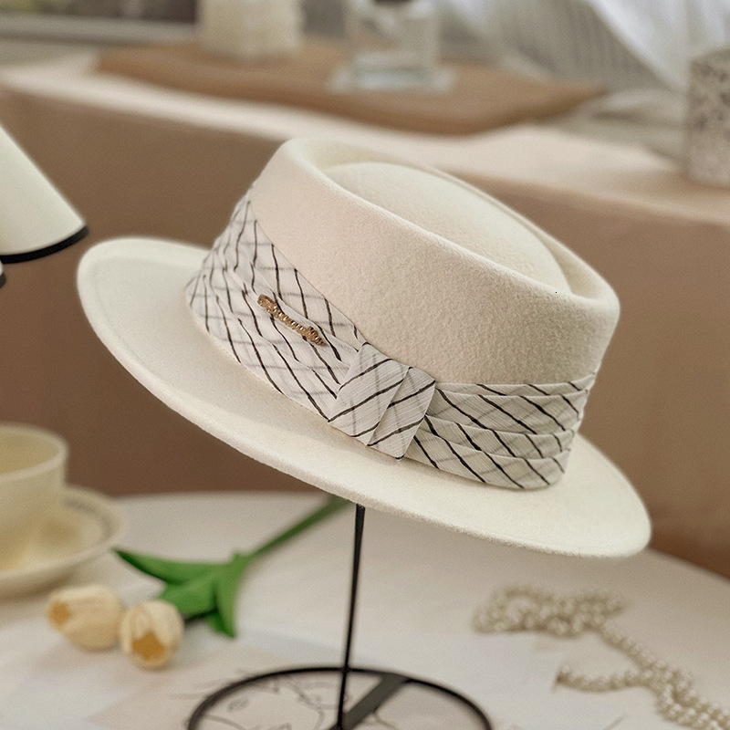 Concave autumn winter high-end counter quality wide brim elegant and fashionable felt flat top hat