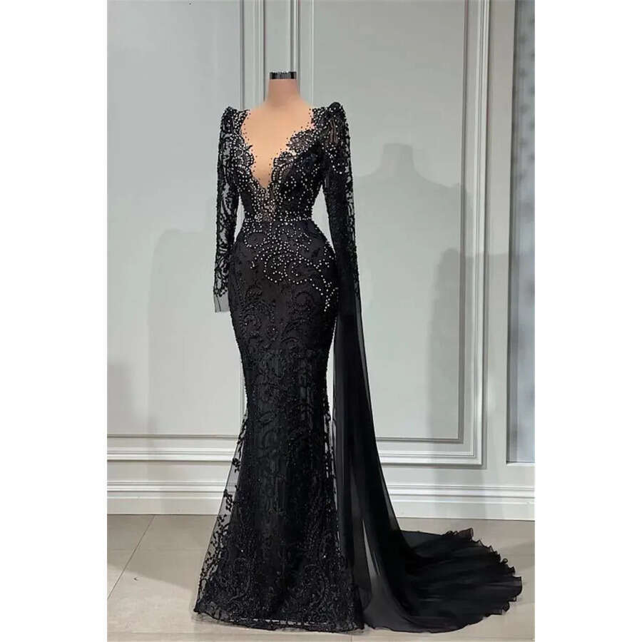 Vintage Black Lace Mermaid Evening Dresses With White Beads Sheer Deep V Neck Long Sleeve Appliques Ocn Party Gowns Prom Vestidos Bc14999 0618 0703