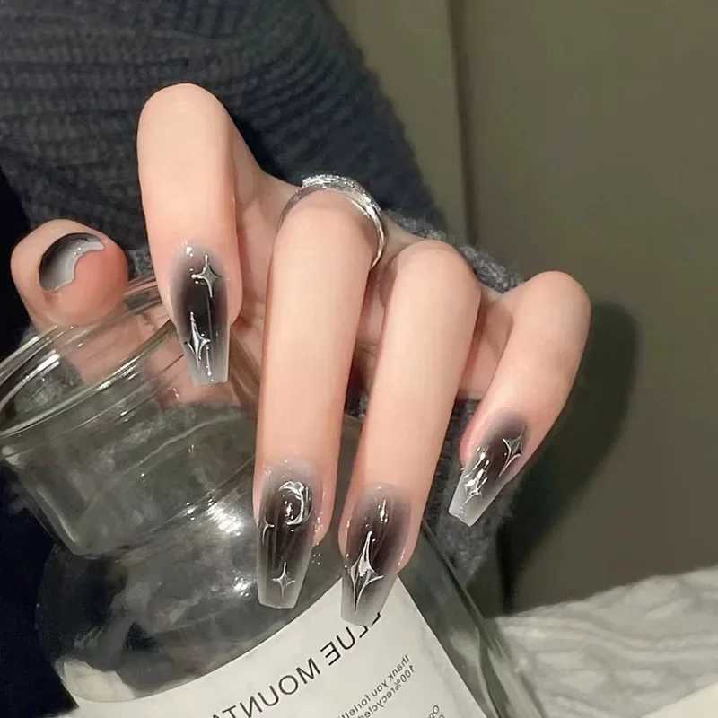 24 pieces of Black Moon pressed on nails pink gradient fake nails smooth artificial fingers reusable female fake nails W250410