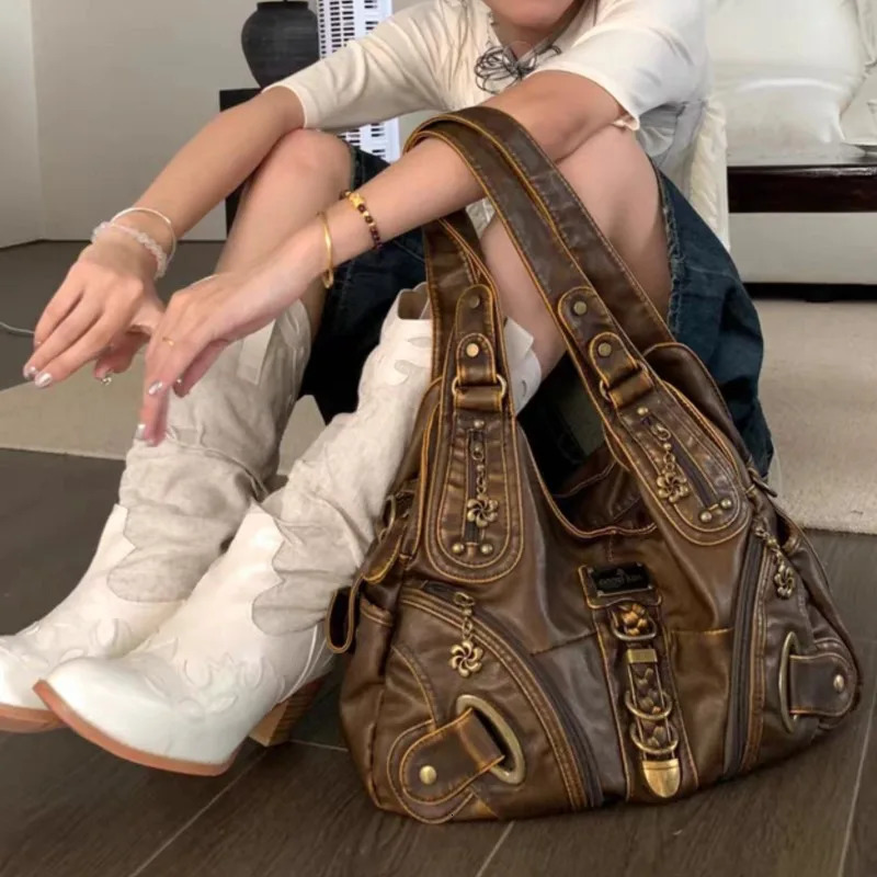 JIAERDI Retro Brown Y2k Handbag Womens Retro Subculture Leather Large Capacity Shoulder Bag Harajuku Womens Fashion Handbag 241024