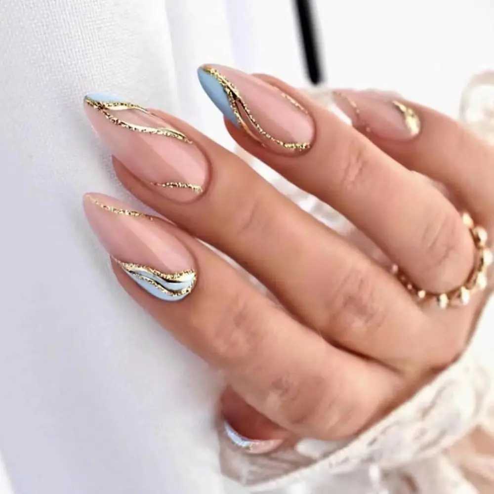 24 pieces of long almond fake nails French wave fake nail tips DIY complete set detachable W250410