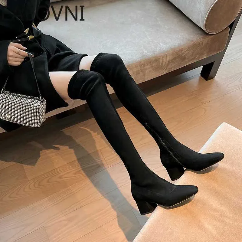 Stretch Cloth Long Women Fashion Slip On Square Heel Over The Knee High Boots Winter Shoes Ladies Elegant Mordern Booties H240709