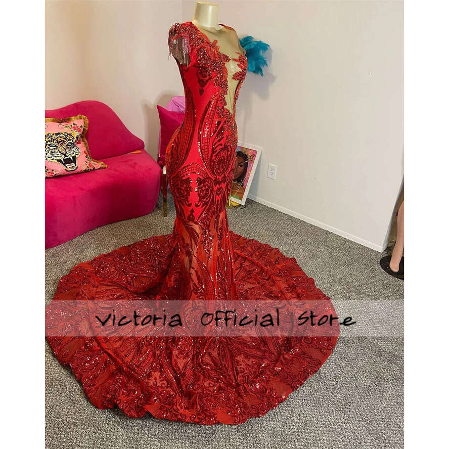 Gorgeous Red Sequined Lace Crystal Prom Blackgirl Mermaid Party Dress Women Elegant See Thru Formal Gowns