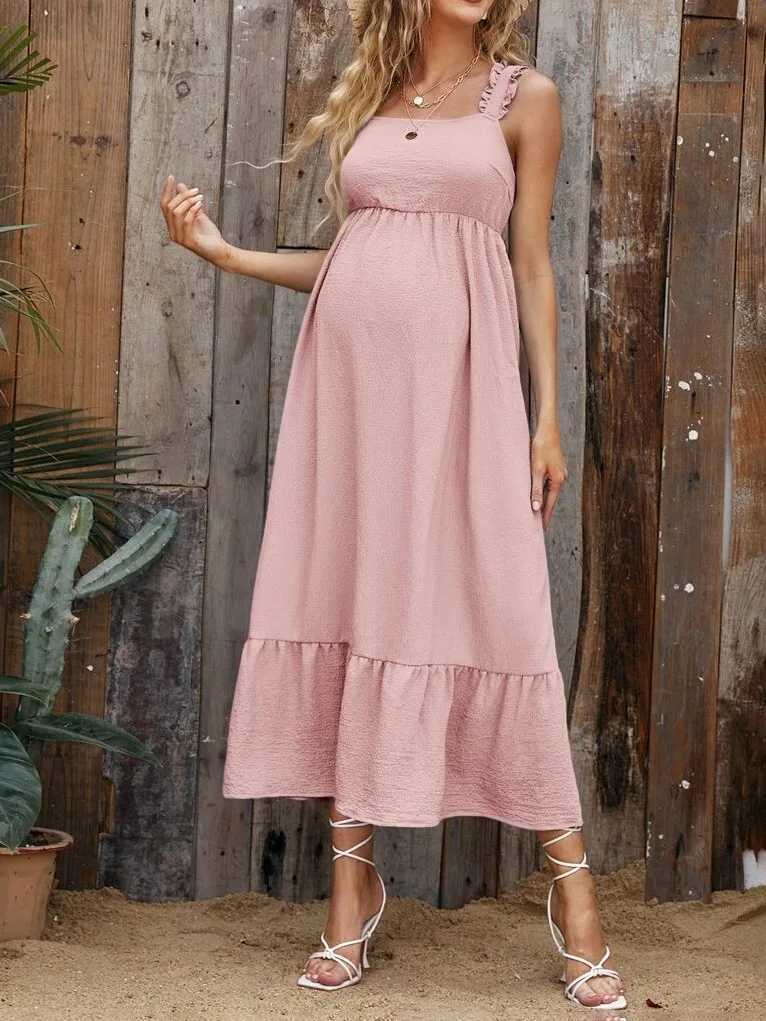 Summer New Bow Ruffle Womens Maxi Swinging Belt Dress Comfortable Solid Color Suitable for Pregnant Women Skiing W241026