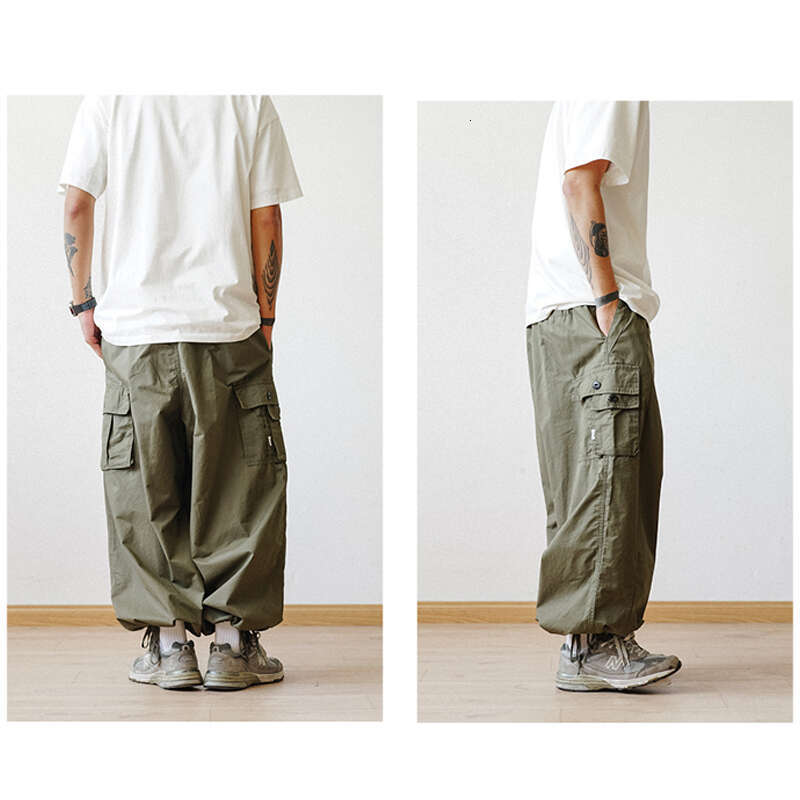 Multi-Pocket Cargo Men's Casual Solid Colour Straight Baggy Wide-Leg Cropped Men Ankle-Length Pants