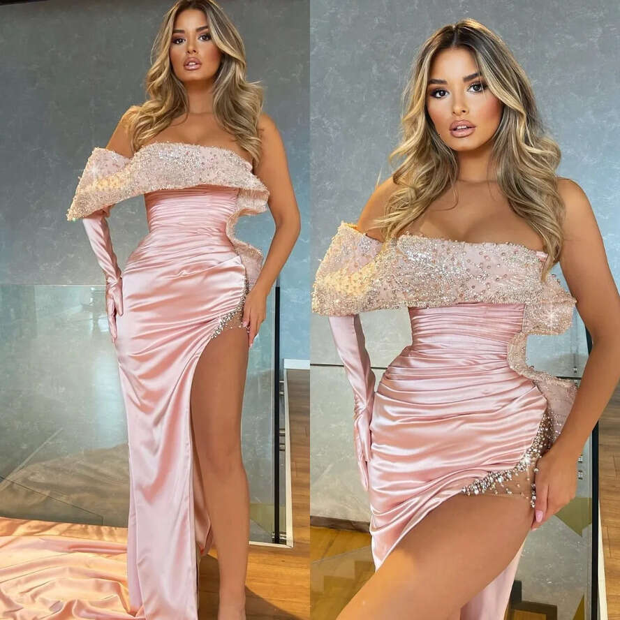 Evening Off Pink Sequins Pearls Shoulder Formal Mermaid Party Prom Dress Pleats Thigh Slit Dresses For Special Ocn Es