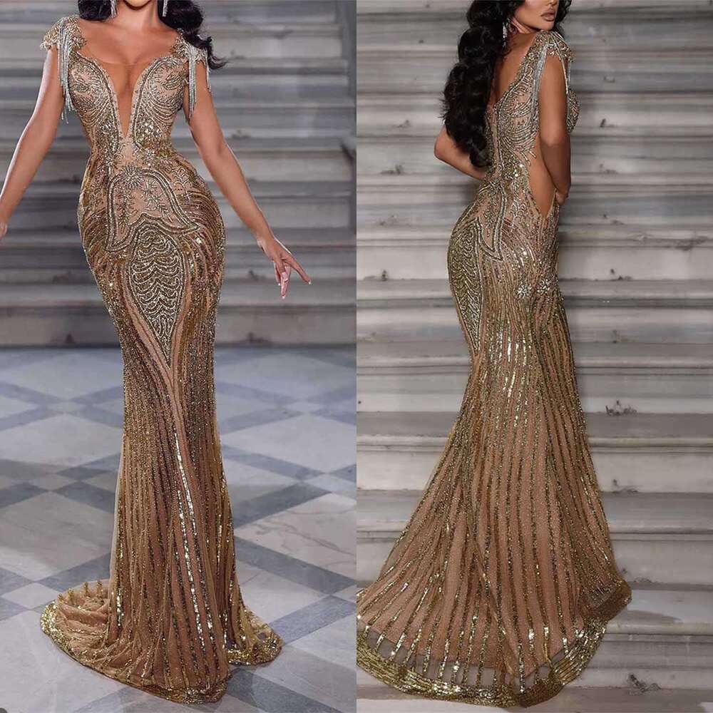 Mermaid Evening Dresses V Neck Champagne Sequined Applique Beaded Sweep Train Vestidos De Noche Formal Prom Dress Custom Made