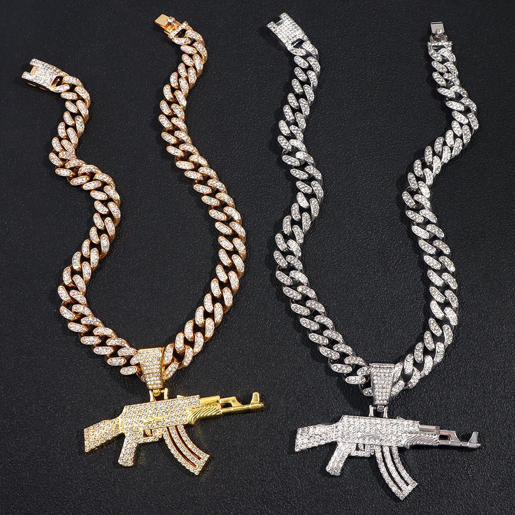 Hip Hop Mens AK47 Submachine Gun Pendant Necklace Gold Silver Ice Crystal Cuban Chain Necklace Jewelry 241025