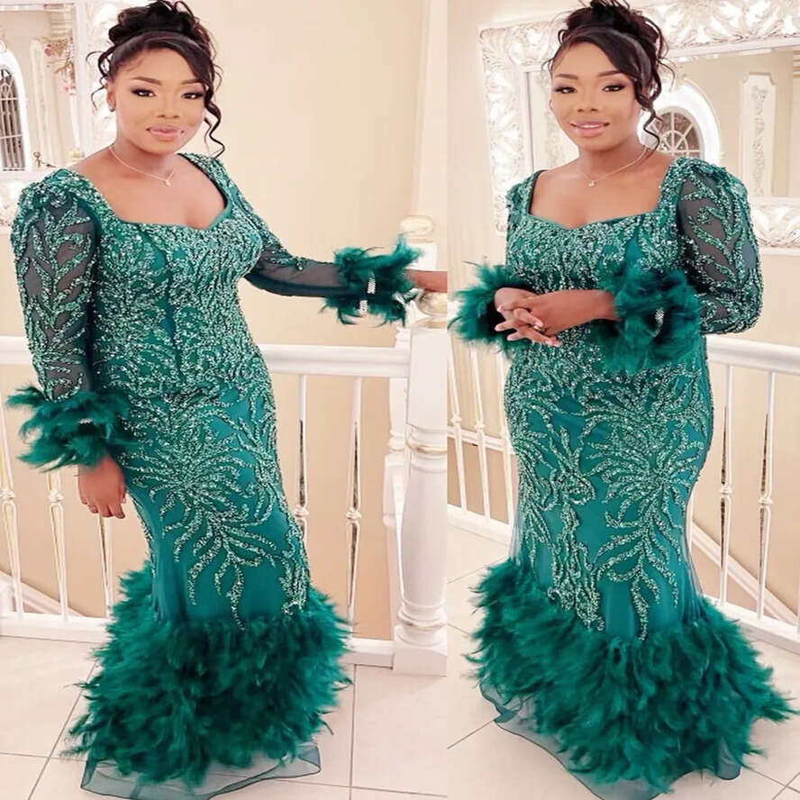 Ebi Hunter Aso Green Mermaid Prom Dress Sequined Lace Feather Evening Formal Party Second Reception Birthday Engagement Gowns Dresses Robe De Soiree Z