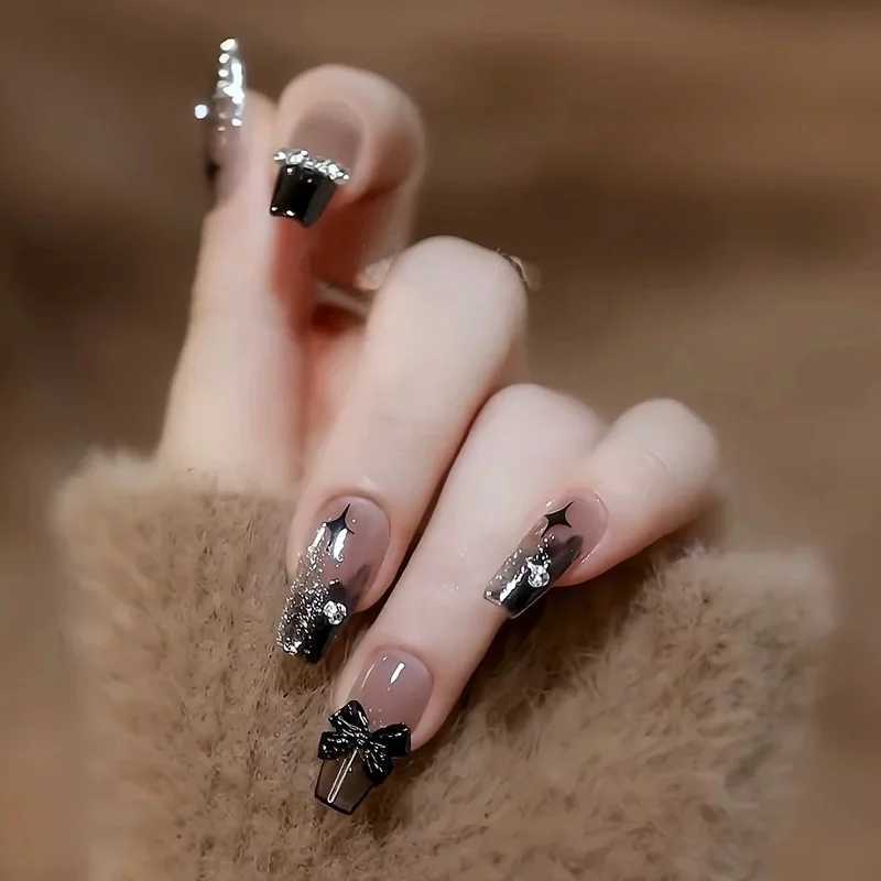 24 pieces of simple blue French fake nails with shiny butterfly pattern design medium and long ballet full set nails W241026