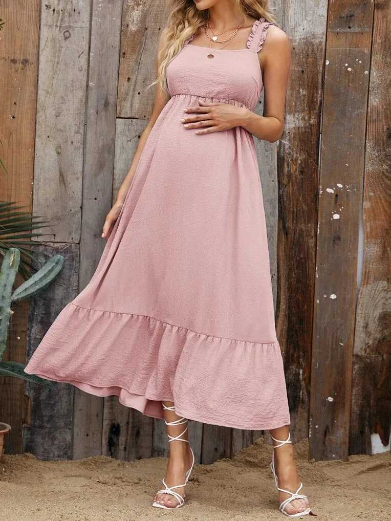 Summer New Bow Ruffle Womens Maxi Swinging Belt Dress Comfortable Solid Color Suitable for Pregnant Women Skiing W241026