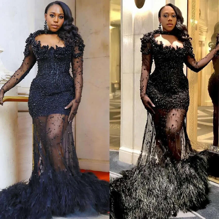 Mermaid Prom Gorgeous Dress Black Pearls Illusion Long Sleeves Evening Elegant Feathers Train African Formal Dresses For Women Es