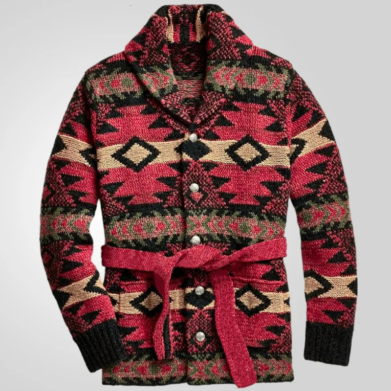 Vintage Men's Heavyweight Jacquard Sweater With Thick Medium Coat