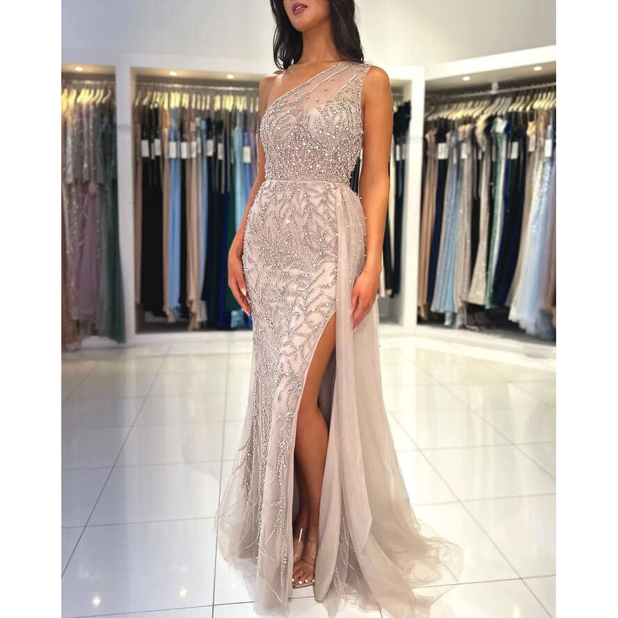 Crystal One Shoulder Mermaid Prom Dress Beading Formal Evening Elegant Split Dresses For Special Ocns Or Length Robe De Soiree Es