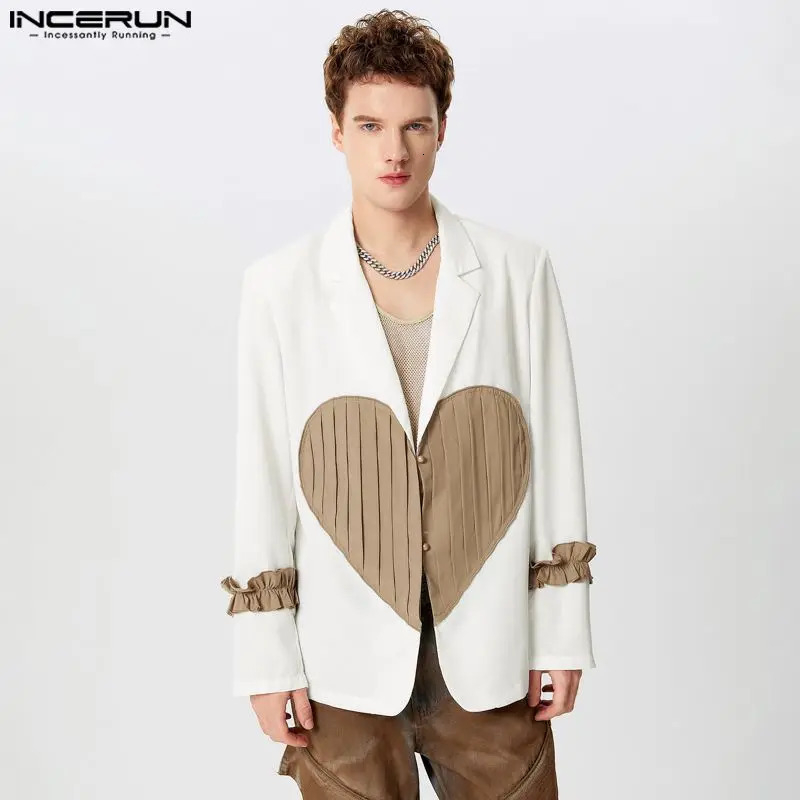 INCERUN Tops American style mens heart-shaped patchwork pattern sports jacket casual club wear mens long sleeved set Coats S-5XL 241024