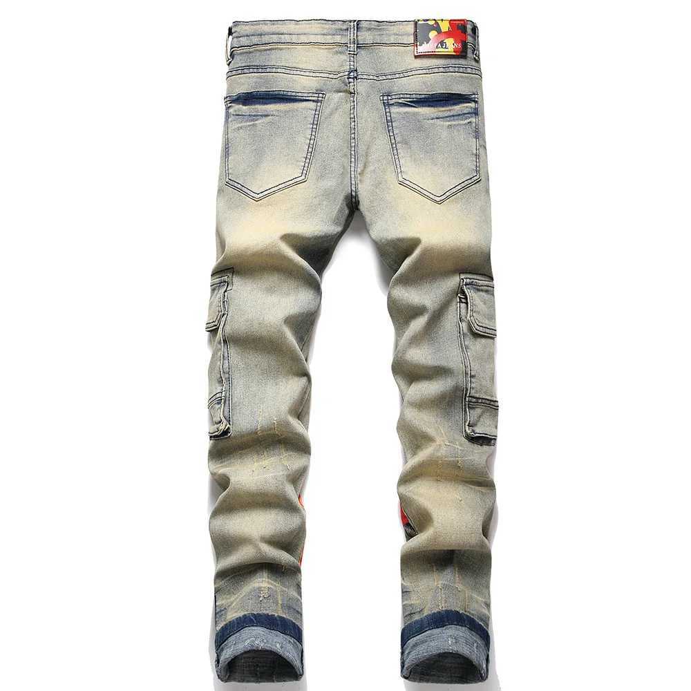 Mens graffiti printed stretch denim jeans flame skeleton devil paint ultra-thin tapered pants T-shirt retro pocket cargo cart X241026