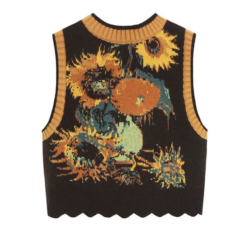 Vintage Sweater Vest Harajuku Print Sleeveless Knitted Waistcoat Streetwear Korean Cropped Bandage Knitwear Tank Top 241017