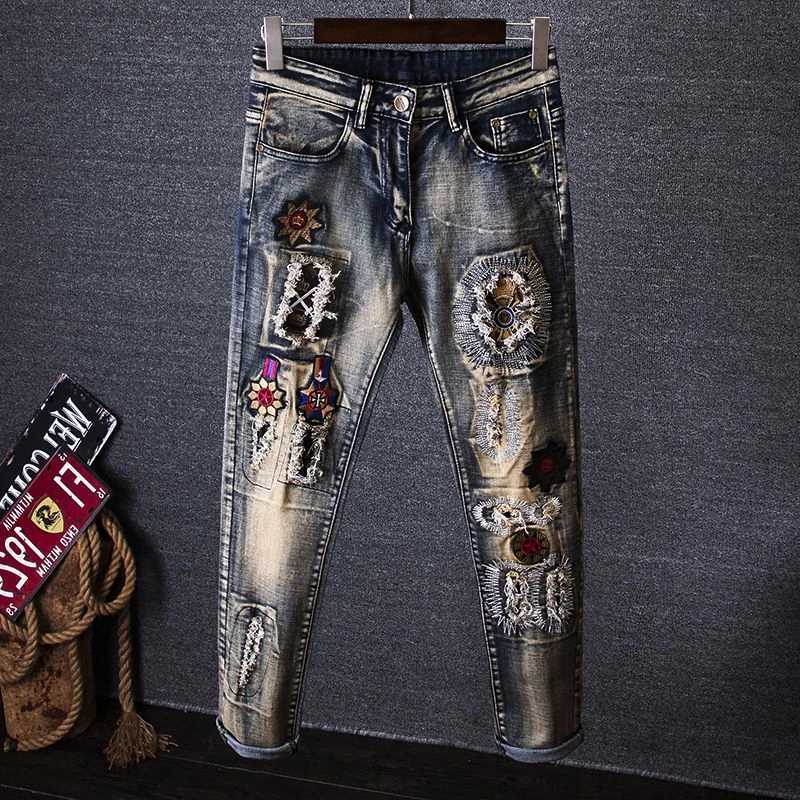 Mens jeans tear graphic Trouser embroidery mens jeans retro tear elastic band hole Spring and Autumn cheap X2410261