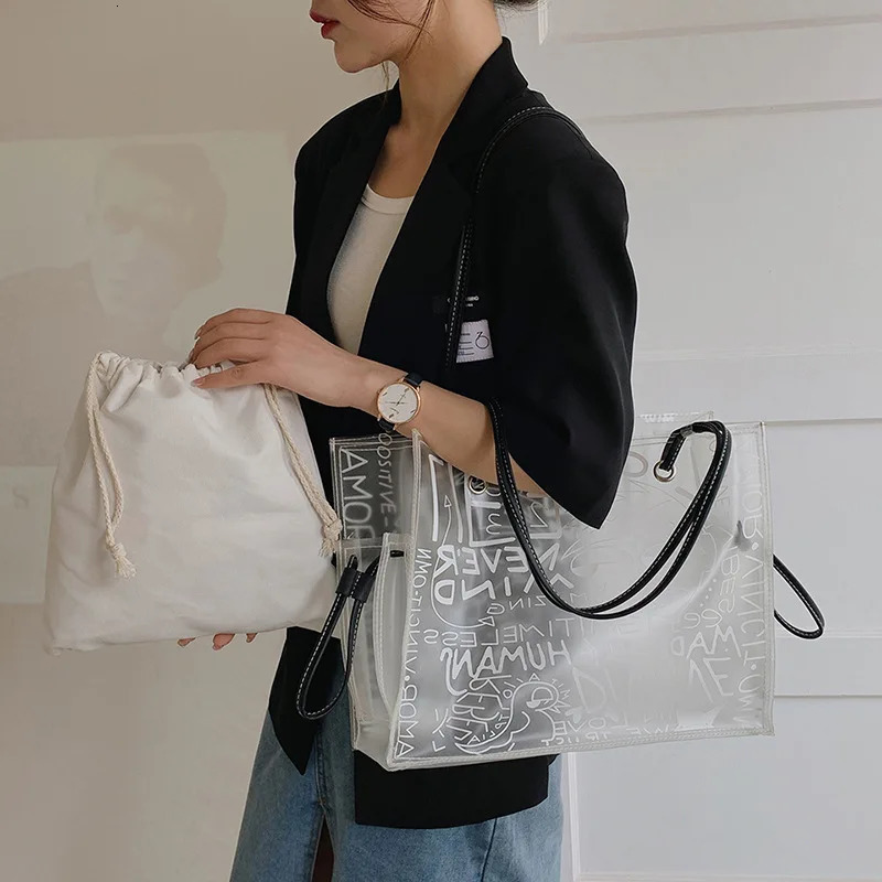 Ladies Graffiti Large Capacity Shoulder PVC Jelly Transparent Bag Fashion Beach Handbag 241024 3b06