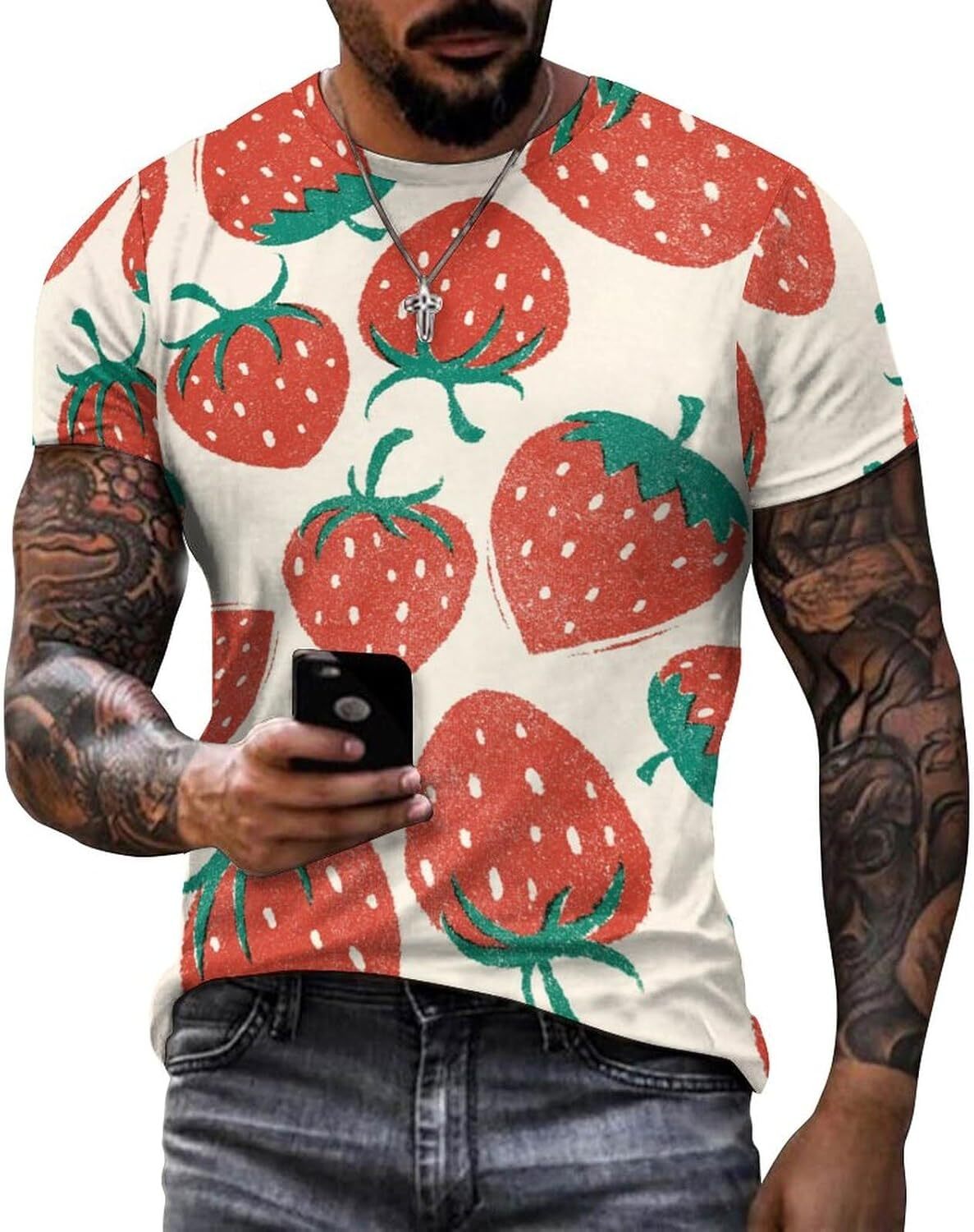 Mens T shirt Strawberry Fruit Pattern Cotton T-Shirt 3D Printed Casual Shirt Men's Crew Neck Casual tops summer clothes cool designs