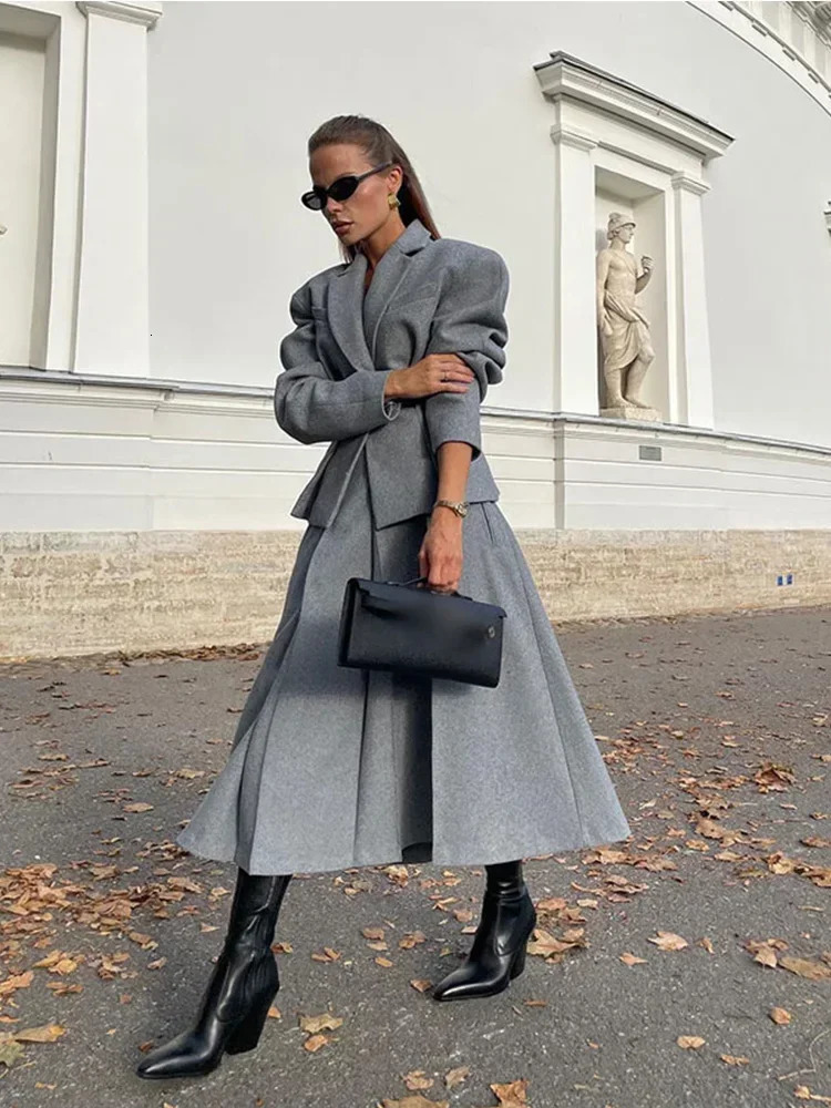 Women Fashion Solid Woolen Skirt Suits Elegant Stand Collar Full Sleeve Coat Loose Pleated Long Skirts Set Fall Lady Outfit 241025