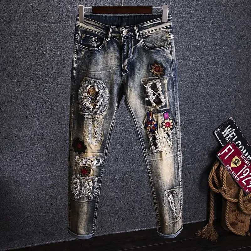 Mens jeans tear graphic Trouser embroidery mens jeans retro tear elastic band hole Spring and Autumn cheap X2410261