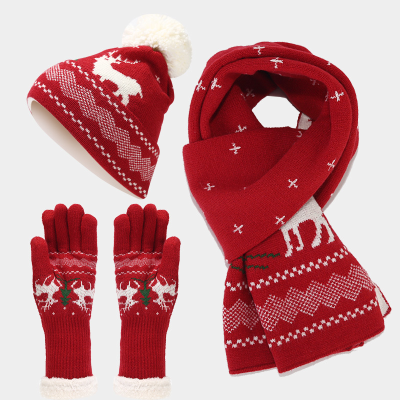Christmas new elk jacquard wool hat scarf gloves autumn and winter ladies warm three-piece knit set