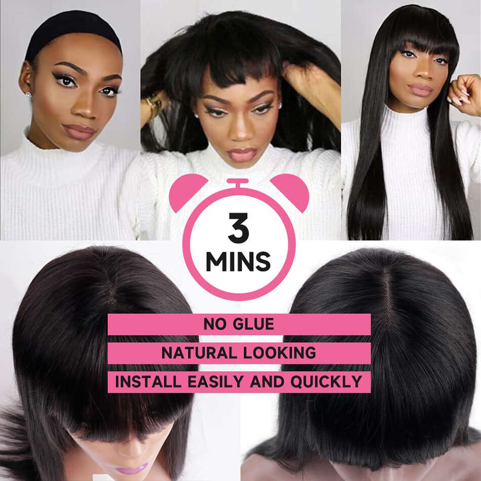 Wiggogo X Middle Part Lace Wig Bone Straight Human Hair With Bangs Full Machine Made Wigs For Women