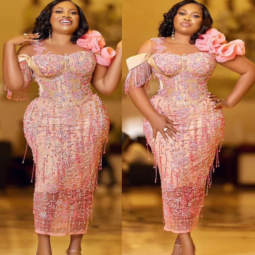 Size Arabic Plus Aso Ebi Pink Urious Sheath Prom Dresses Lace Beaded Evening Formal Party Second Reception Birthday Engagement Gowns Dress ZJ