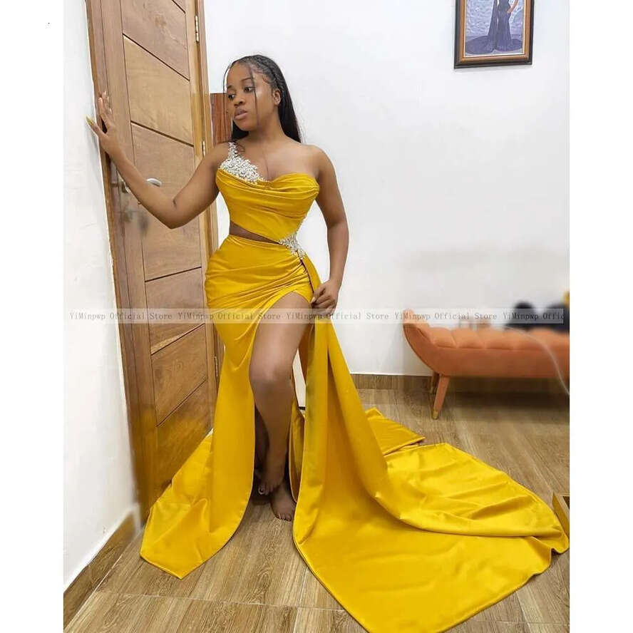 Prom New Mermaid Dresses For Black Girls One Shoulder Corsert Back Thigh High Slits Appliques Beads Africa Women Party Gowns