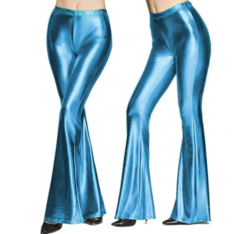 Womens shiny Flare Trouser metal pleated wide leg pants retro 70s disco hippie club clothing Bell bottom Trouser leggings 241025