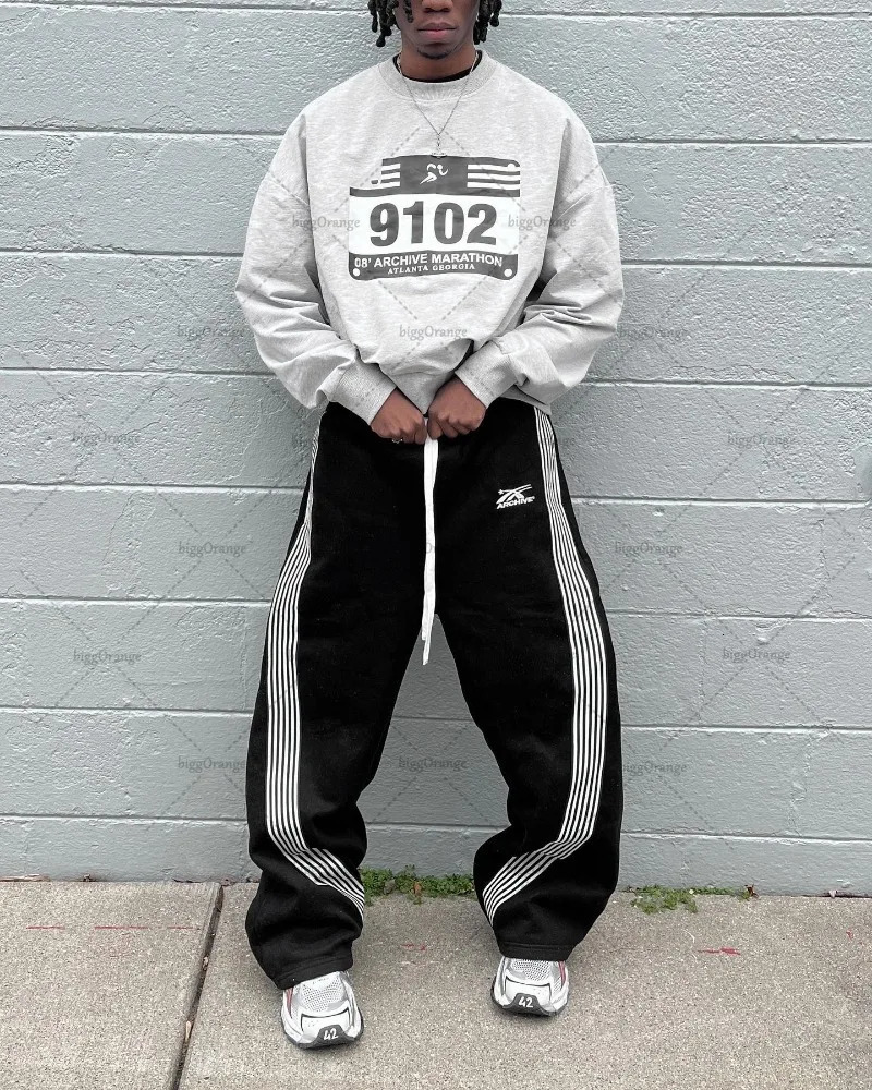 Y2k American High Street Harajuku Retro Striped Knitted Pant Trendy Fashionable Versatile Oversized Trousers Men 241025