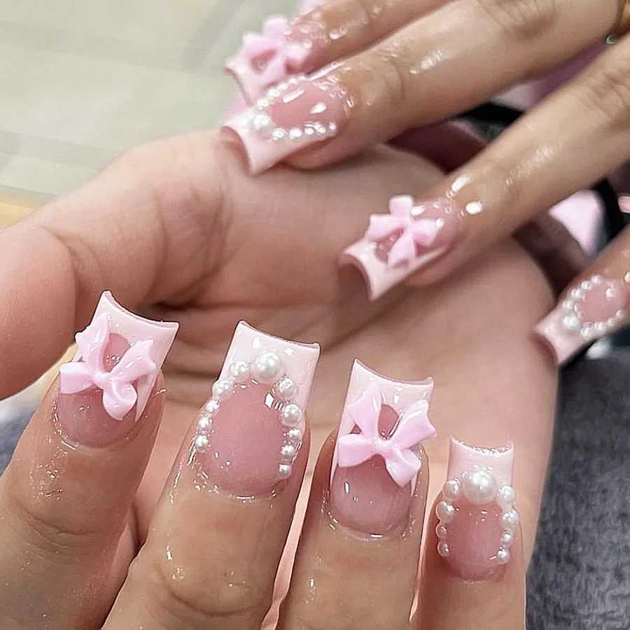 White French Short Press Nail 3D Bow Design Nude Color Fake Nail Maker DIY Female DIY Nail Tips W241026
