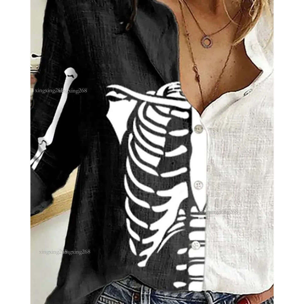 Women Casual Autumn Turn-down Collar Buttoned Skeleton Blouse Halloween Figure Print Colorblock Shirt 21302