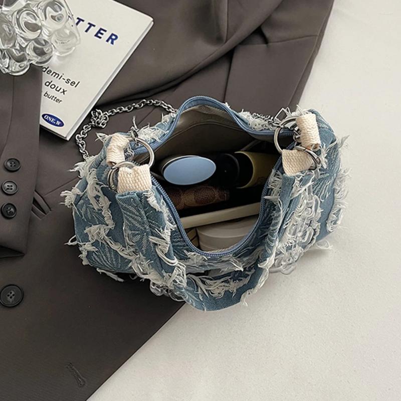Drawstring Women Fashion Shoulder Bag Large Capacity Denim Underarm Top Handle Chain Strap Simple Satchel Purse For Outdoor Travel 7f1c