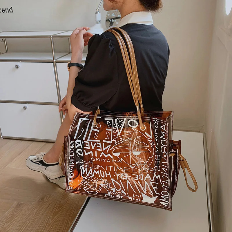 Ladies Graffiti Large Capacity Shoulder PVC Jelly Transparent Bag Fashion Beach Handbag 241024 3b06