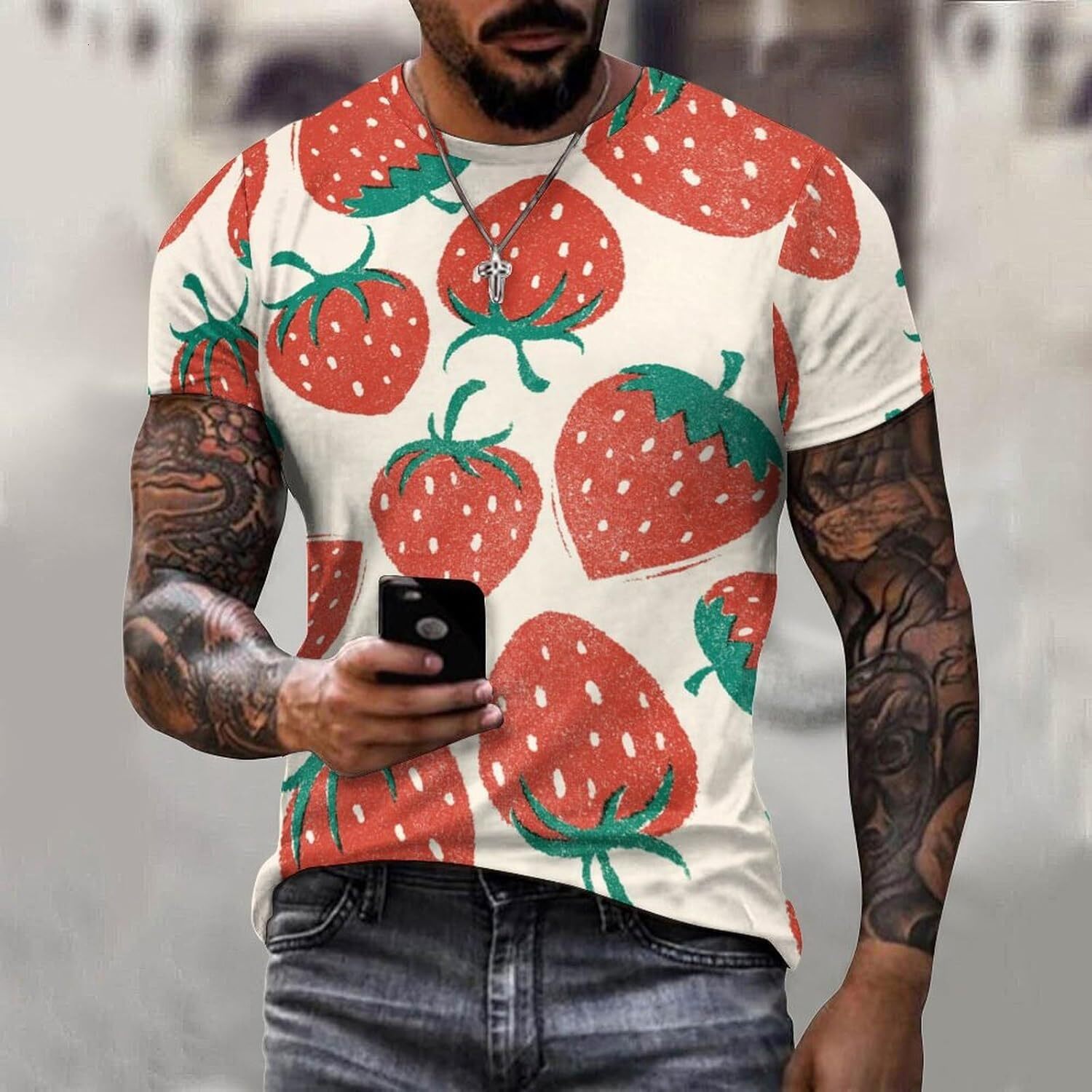 Mens T shirt Strawberry Fruit Pattern Cotton T-Shirt 3D Printed Casual Shirt Men's Crew Neck Casual tops summer clothes cool designs