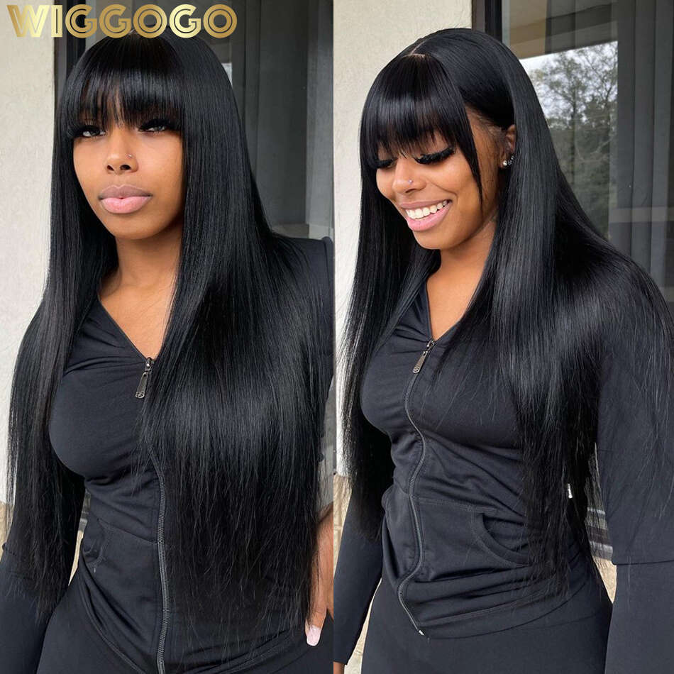 Wiggogo X Middle Part Lace Wig Bone Straight Human Hair With Bangs Full Machine Made Wigs For Women