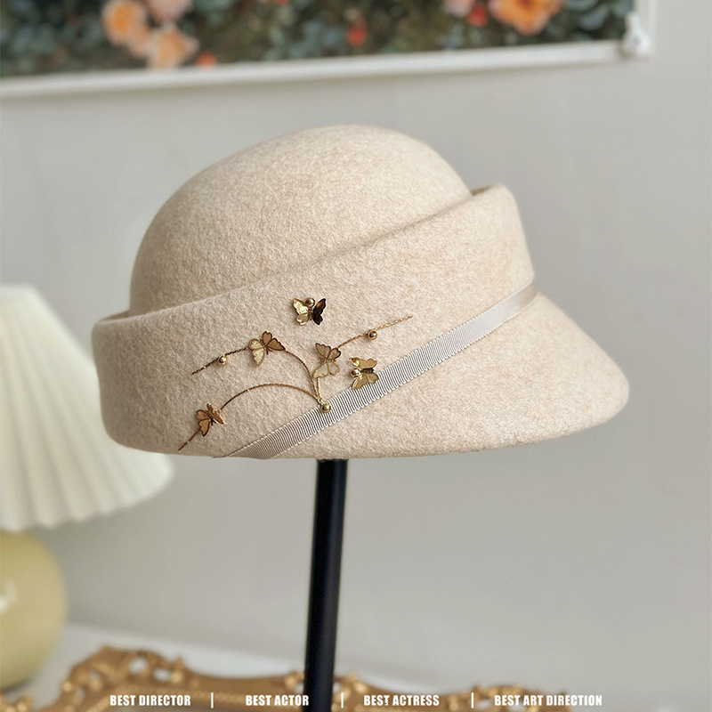 equestrian autumn winter hat metal butterfly flower fashionable and concave top duckbill woolen hat