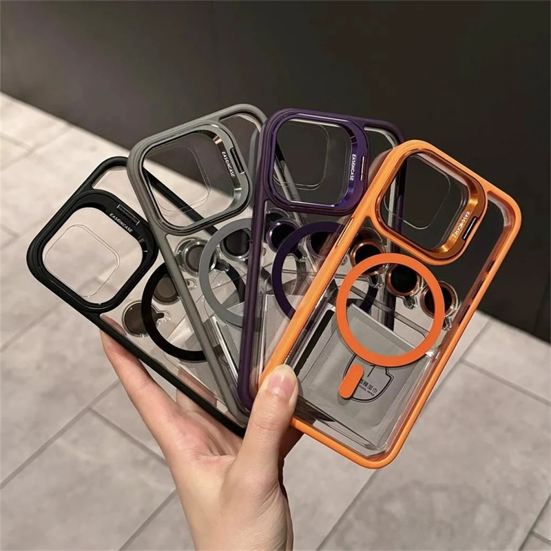 Clear Protective Cover For iPhone 16 16e 15 14 Plus 13 12 11 Pro Max Luxury Magsafe Magnetic Lens Holder Stand Phone Case