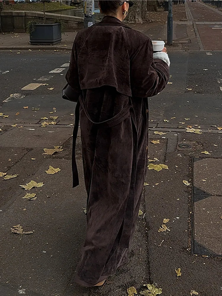 Brown suede womens winter jacket with retro collar double chest jacket womens high street trench jacket 241024