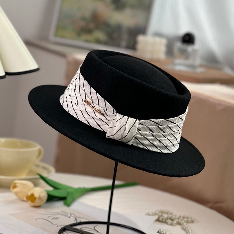 Concave autumn winter high-end counter quality wide brim elegant and fashionable felt flat top hat