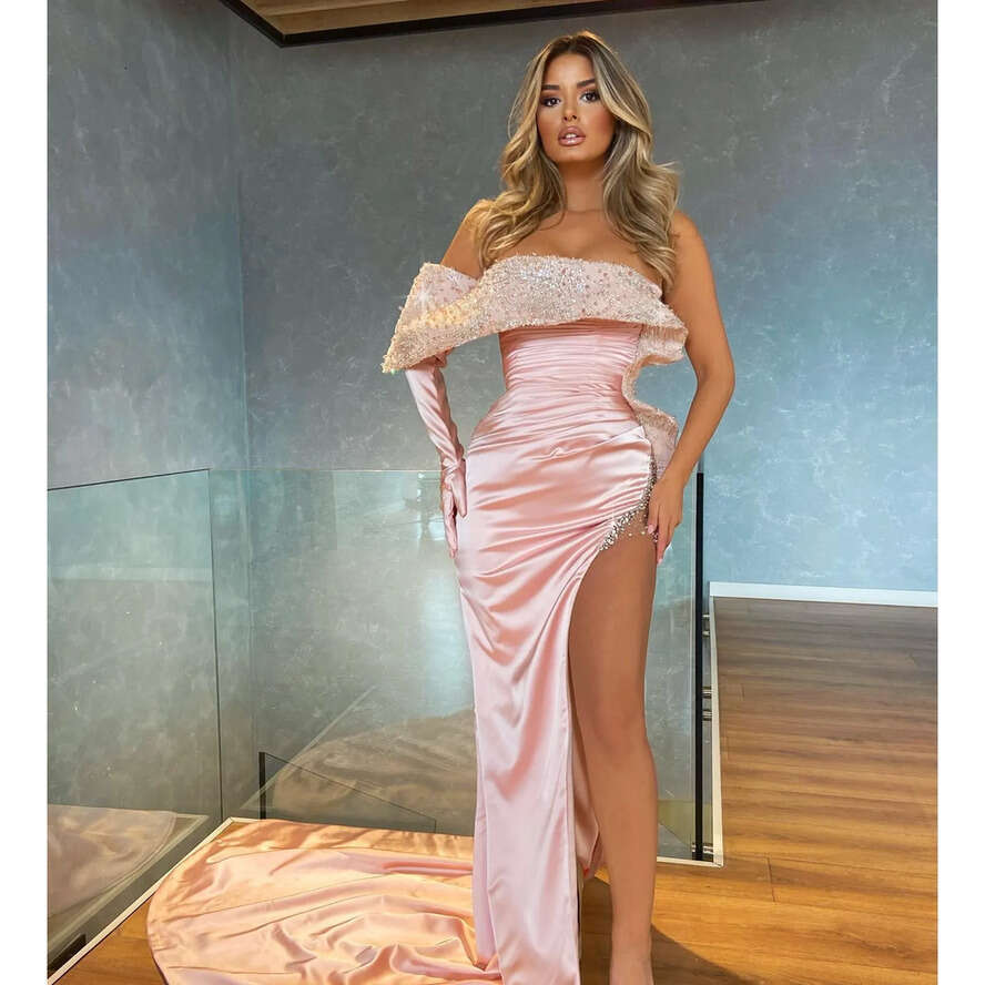 Evening Off Pink Sequins Pearls Shoulder Formal Mermaid Party Prom Dress Pleats Thigh Slit Dresses For Special Ocn Es