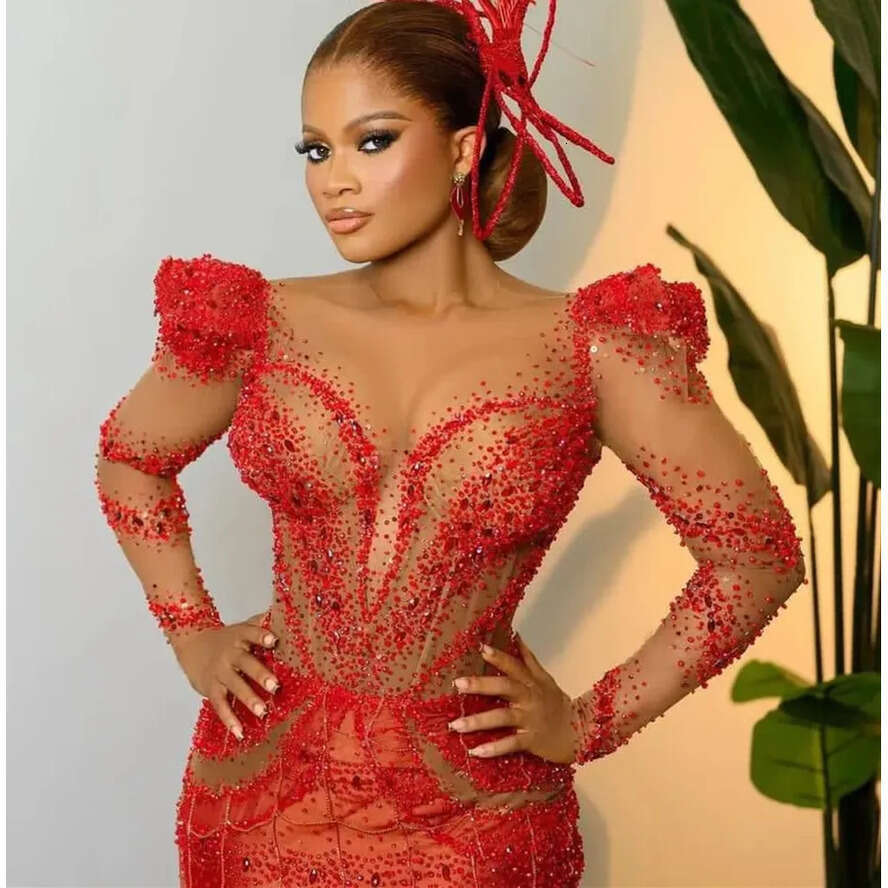 Mermaid Aso Ebi Red Prom Dress Beaded Crystals Sheer Neck Evening Formal Party Second Reception Birthday Engagement Gowns Dresses Robe De Soiree ZJ Es