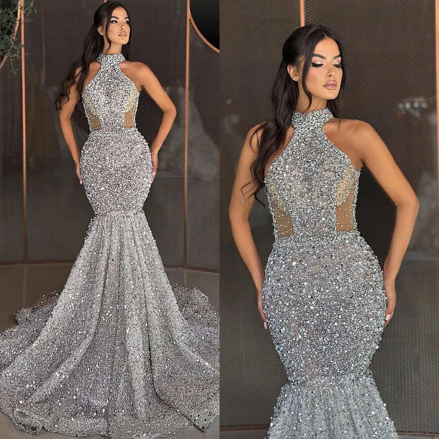 Sier Mermaid Elegant Evening Sequins Halter Formal Party Prom Dress Red Carpet Long Dresses For Special Ocn Es