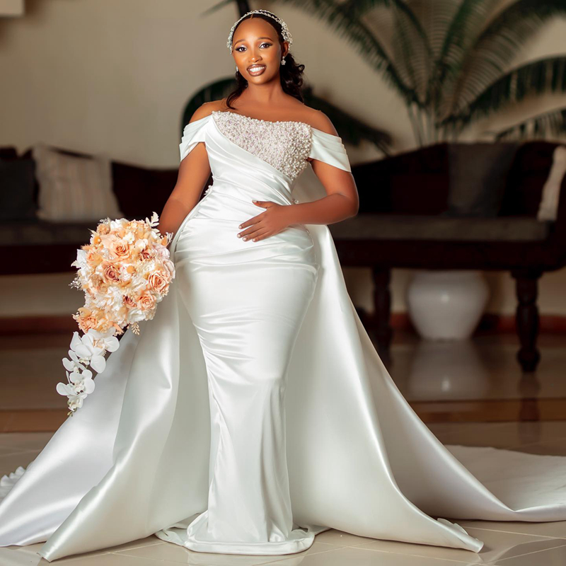 2025 Plus Size African Wedding Dress For Bride Bridal Gowns Detachable Train Illusion Mermaid Sheer Neck Satin Beaded Pearls Wedding Gowns For Black W