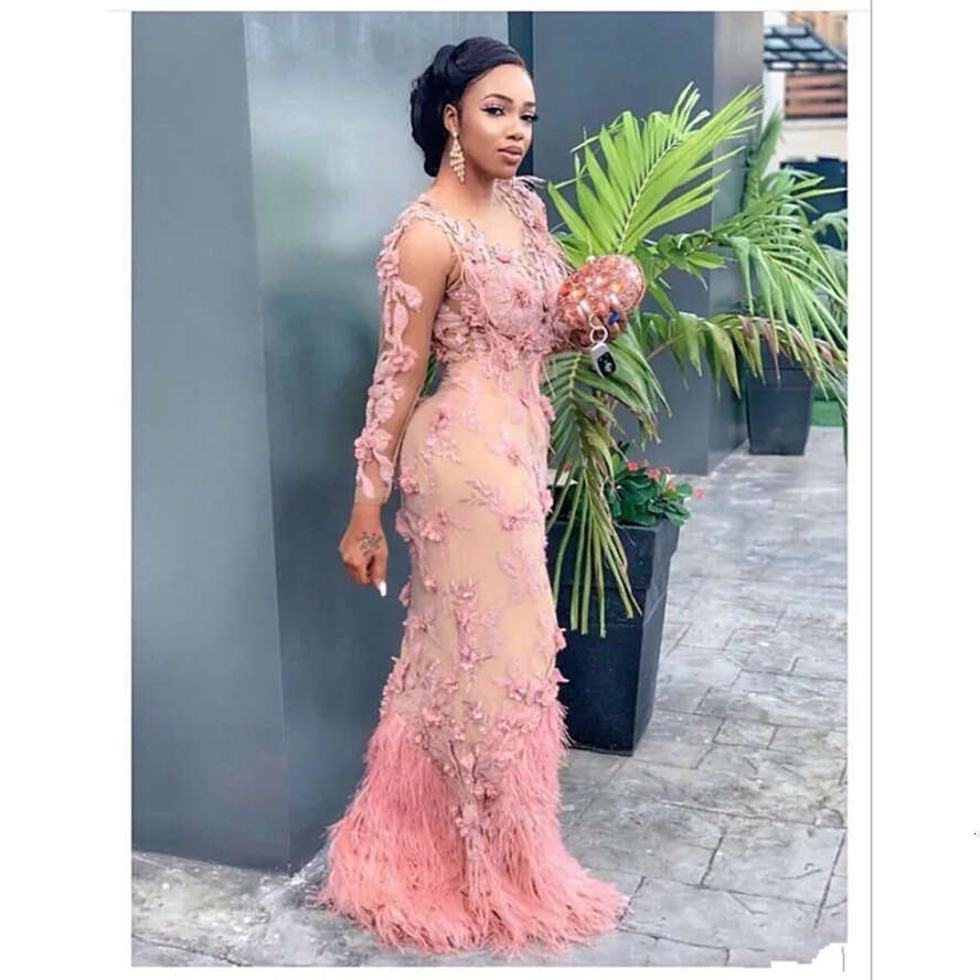 Size Feather Plus Aso Ebi Mermaid Dresses Lace Appliques Long Sleeves Evening Dress Custom Made Or Length Party Gown