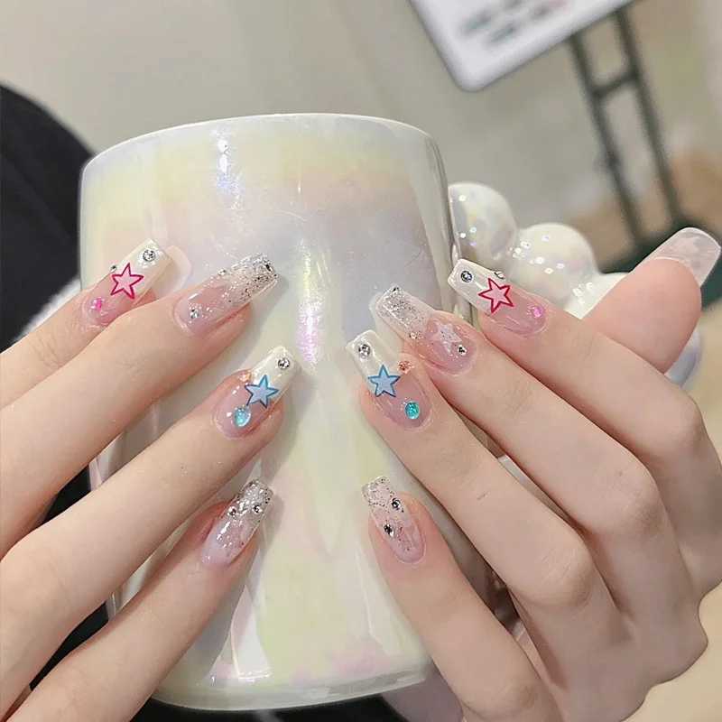 24 pieces of simple blue French fake nails with shiny butterfly pattern design medium and long ballet full set nails W241026