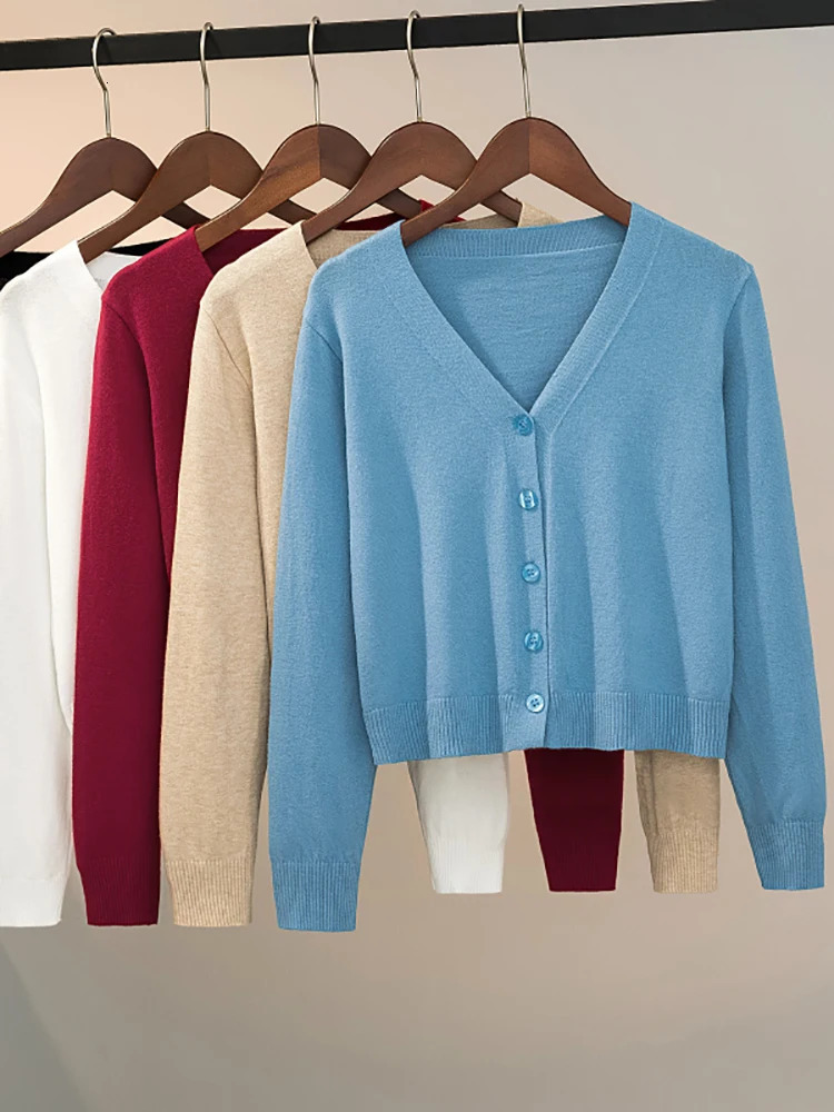 Sweater Knitted Cardigan Button Jacket 2024 Autumn Winter Vneck Long Sleeve Casual Short Tops For Women Grey White y241025